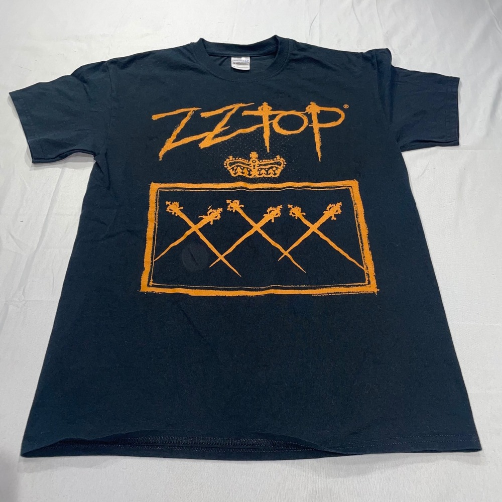 ZZ Top 2013 Tour T-Shirt Mens Medium Black Orange Graphic Band Tee Gildan Cotton